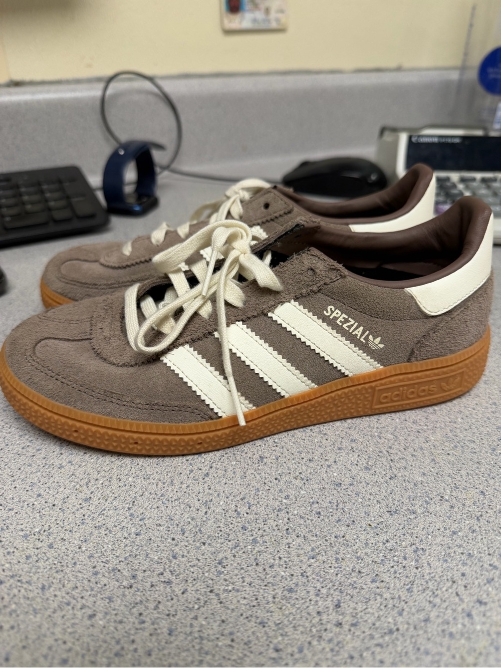 adidas Spezial Men's Suede Sneakers in Taupe and White with Gum Sole